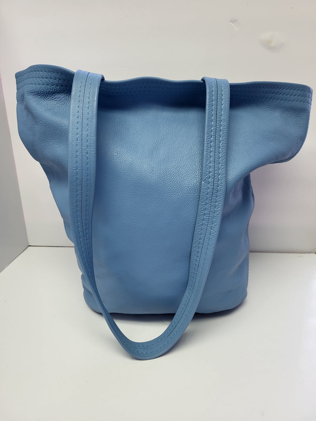 Baby Blue Leather Shoulder Tote Bag