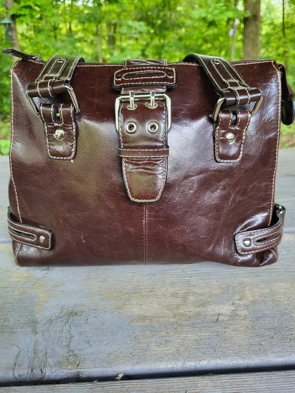 Distressed Brown Leather and Vinyl Shoulder Bag