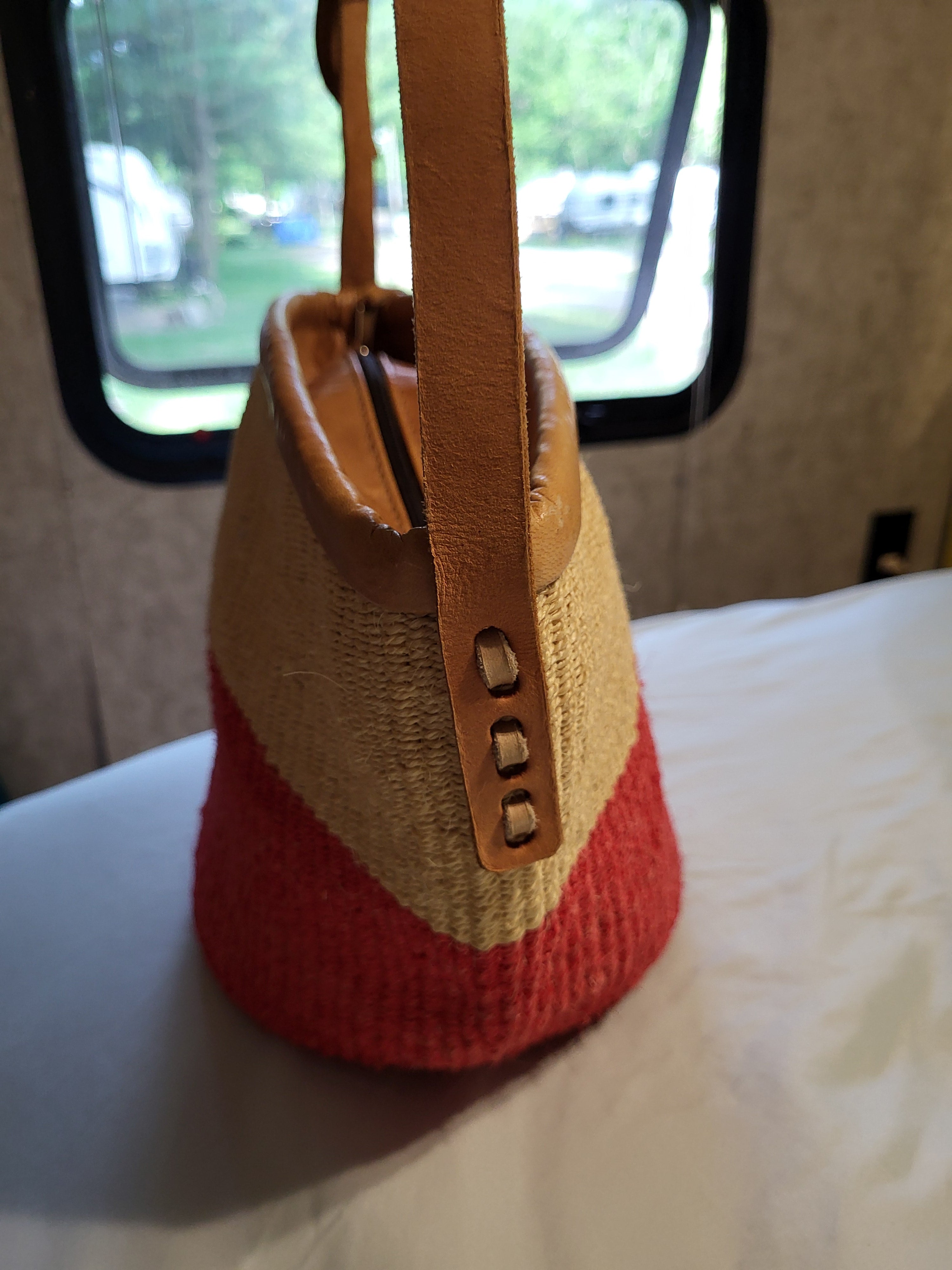 Woven Sisal Red and Cream Shoulder Bag