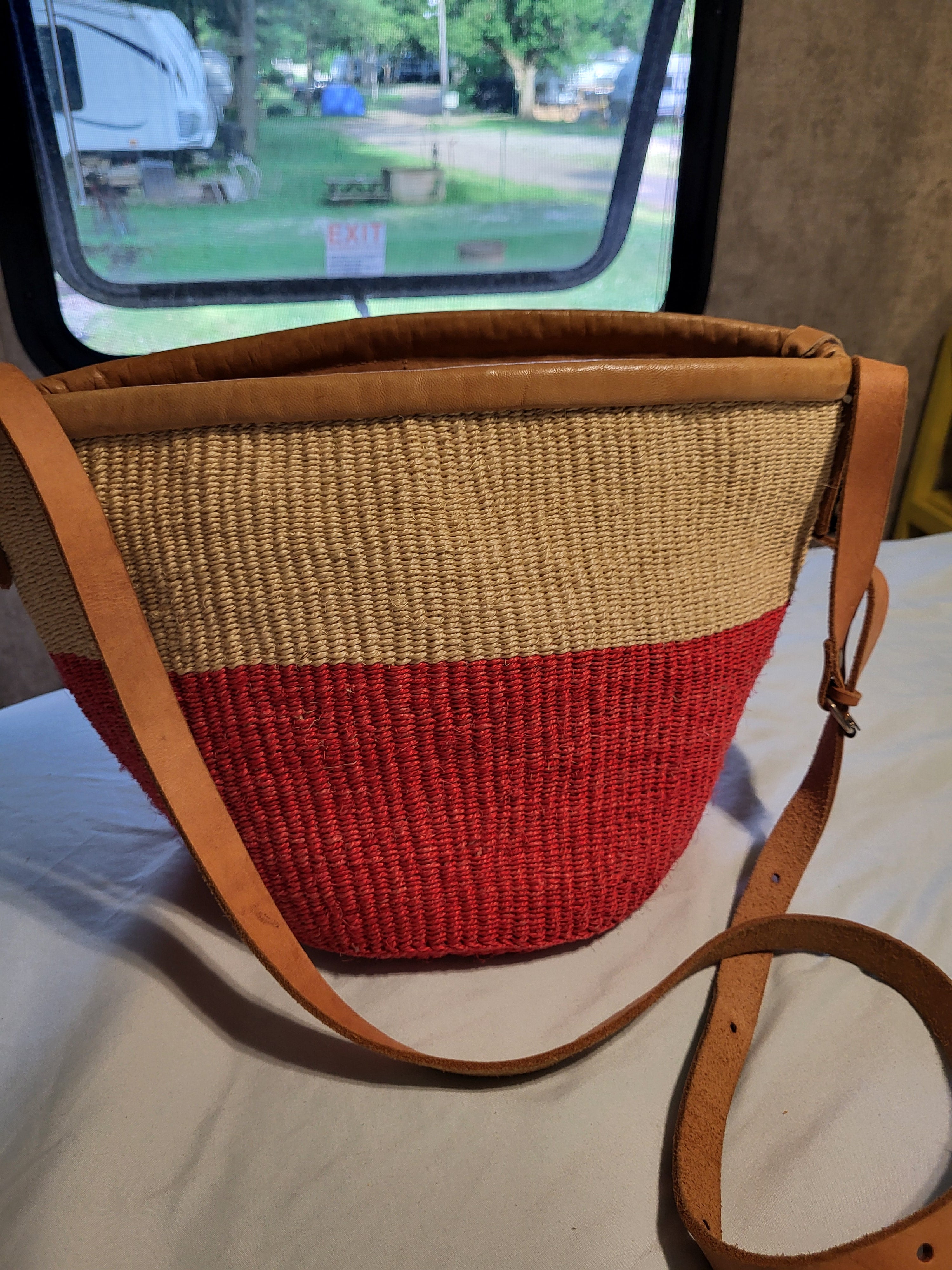 Woven Sisal Red and Cream Shoulder Bag