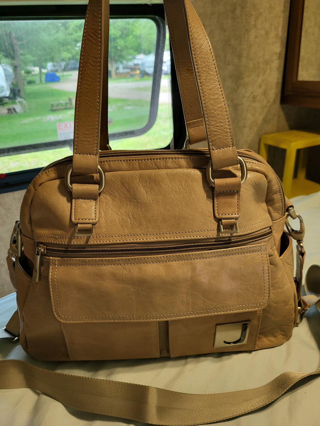 Joanel Taupe Leather Top Handle/Shoulder/Crossbody Bag
