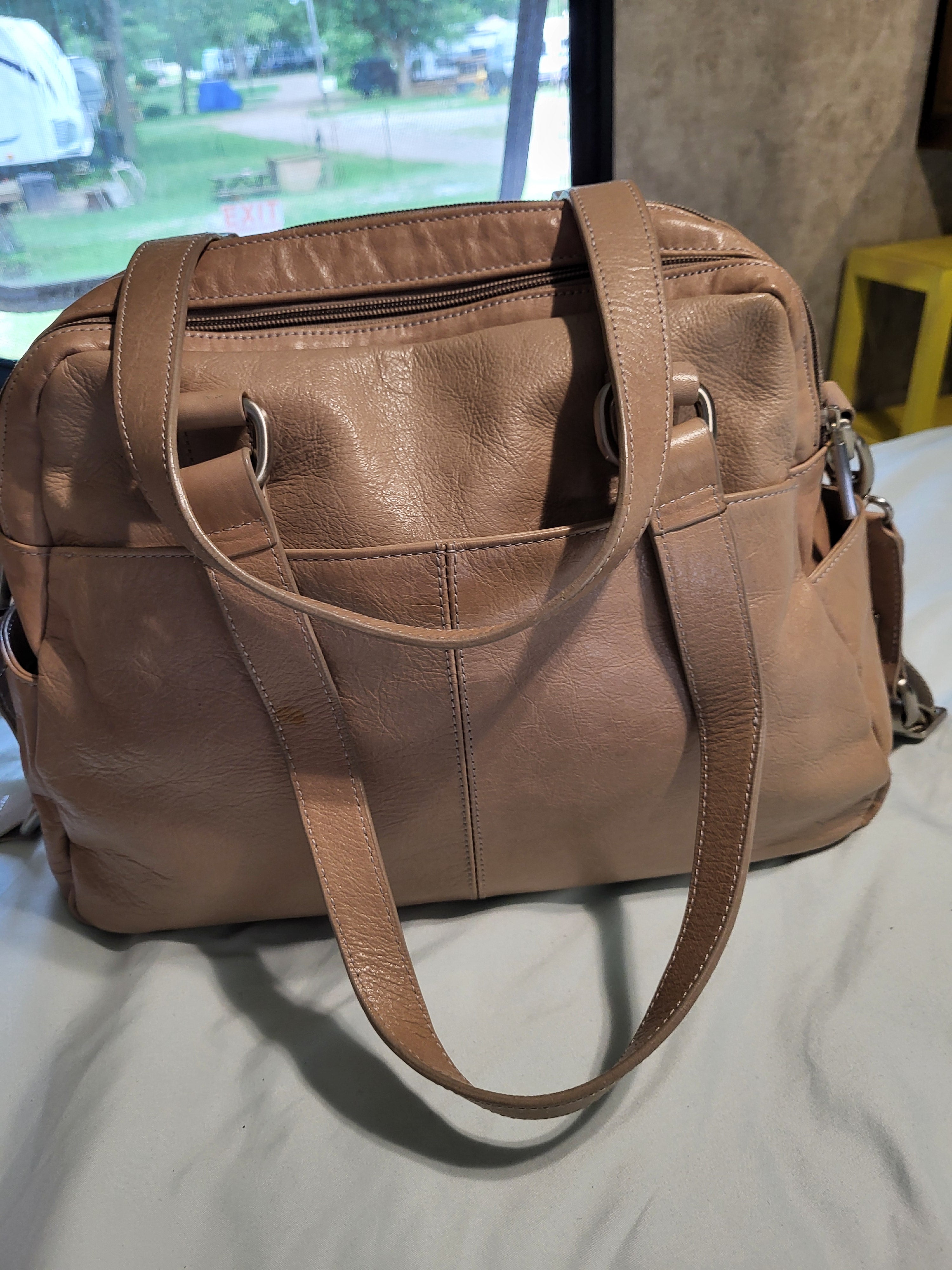 Joanel Taupe Leather Top Handle/Shoulder/Crossbody Bag