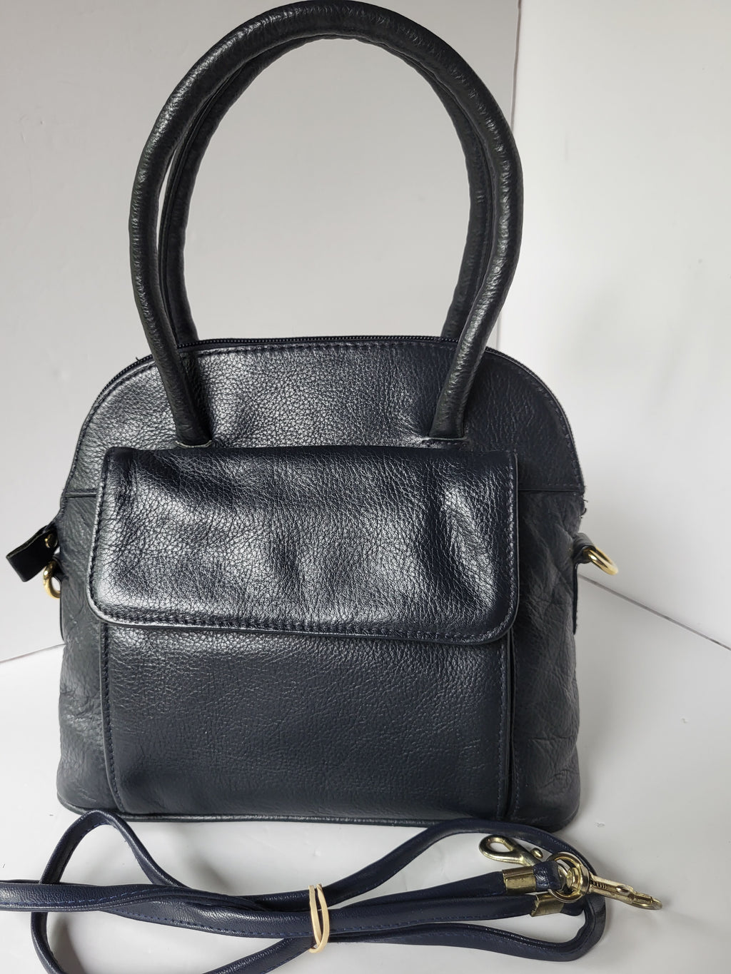 Rafy Dark Blue Leather Top Handle/Shoulder Bag