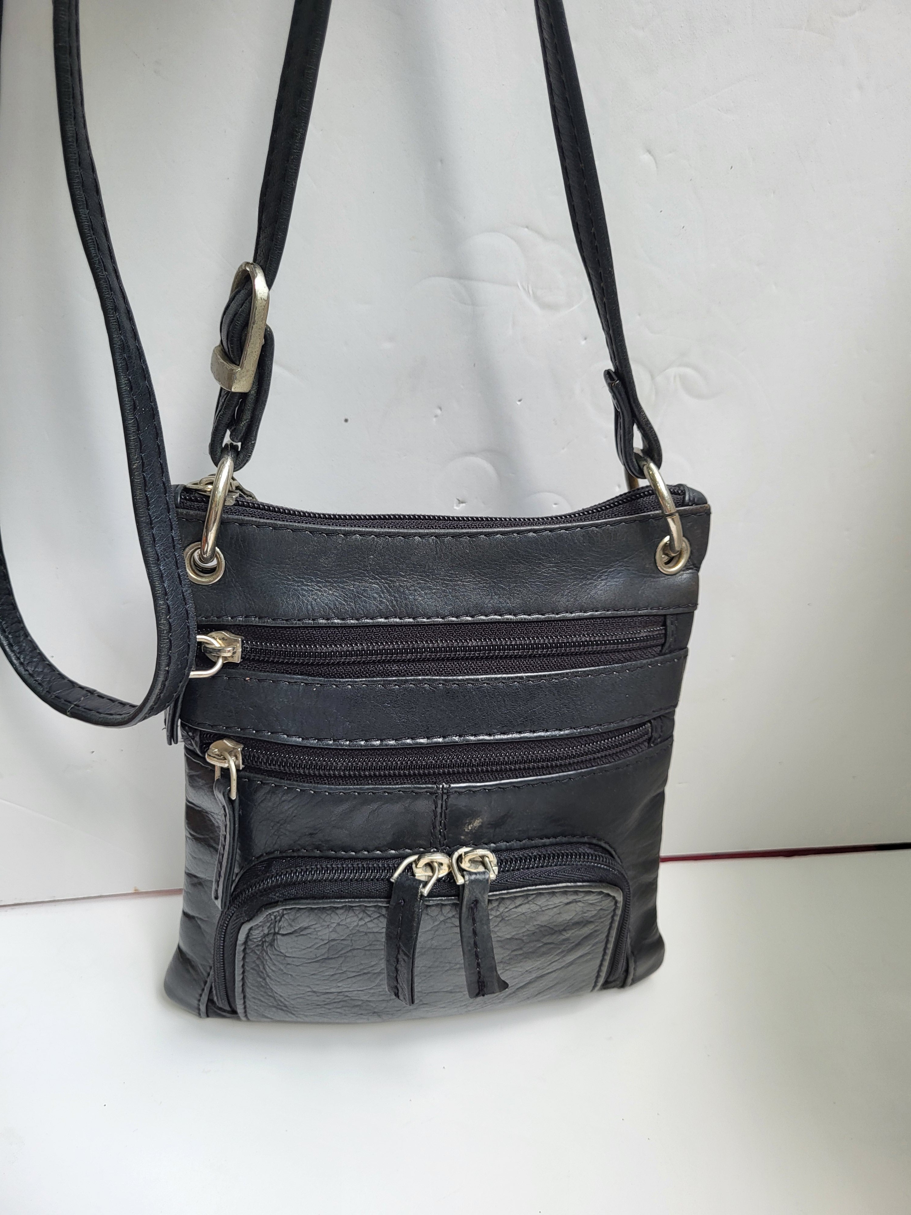 Black Leather Multi Compartment Shoulder/Crossbody Bag