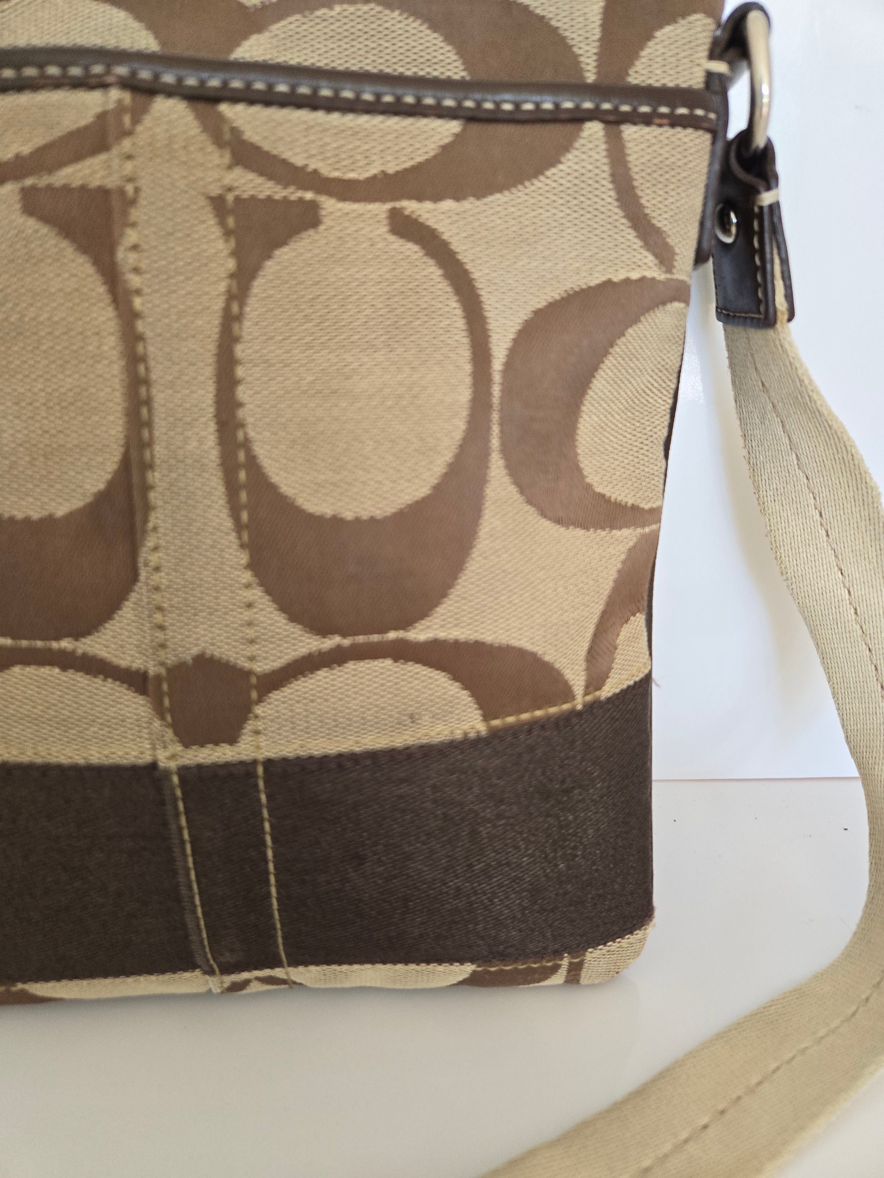 Jacquard Beige and Bronze Metallic Coach Shoulder/Crossbody