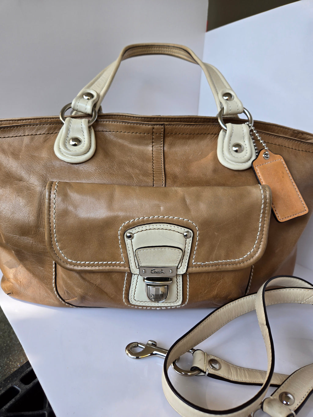 Coach Tan and Cream Leather Shoulder/Crossbody Bag