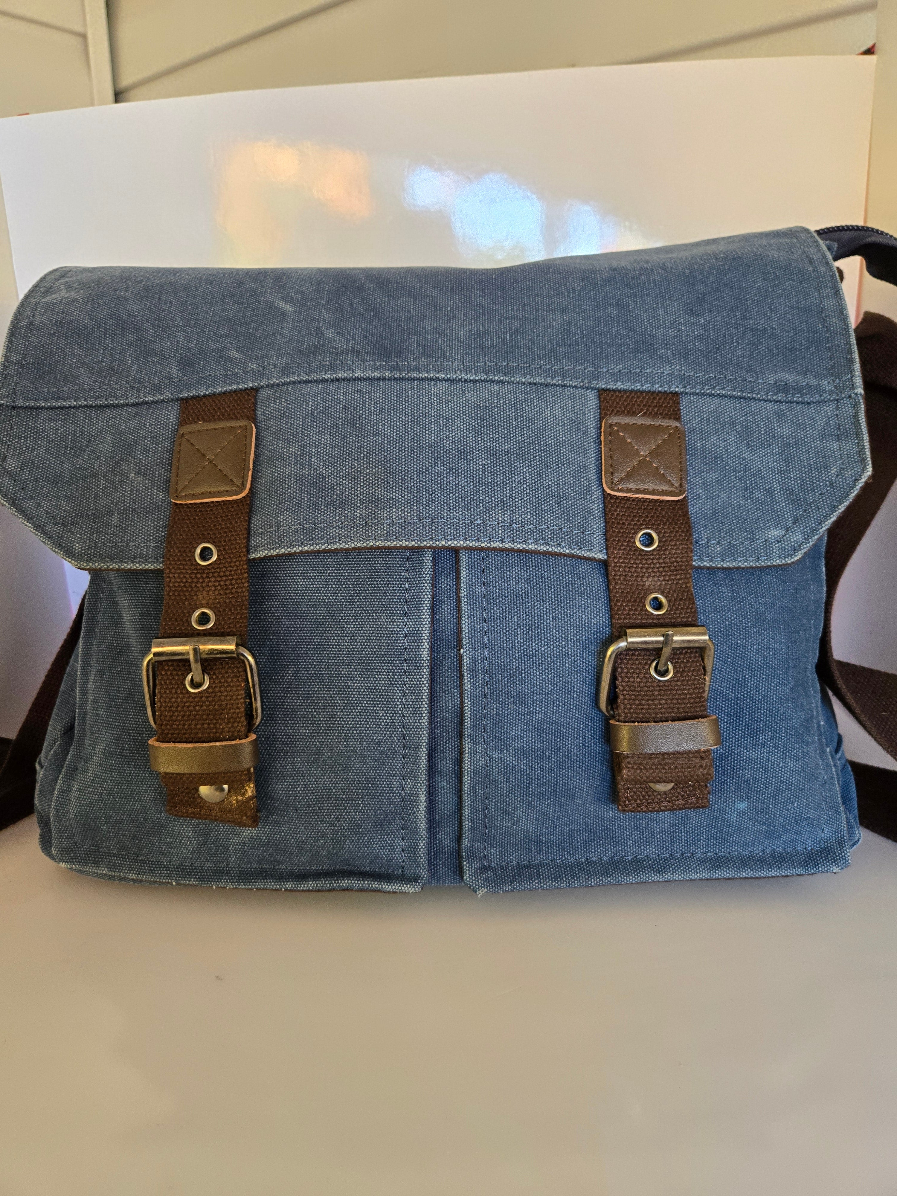 Blue and Brown Canvas, Cotton and leather Shoulder/Crossbody Satchel