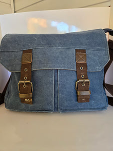 Blue and Brown Canvas, Cotton and leather Shoulder/Crossbody Satchel