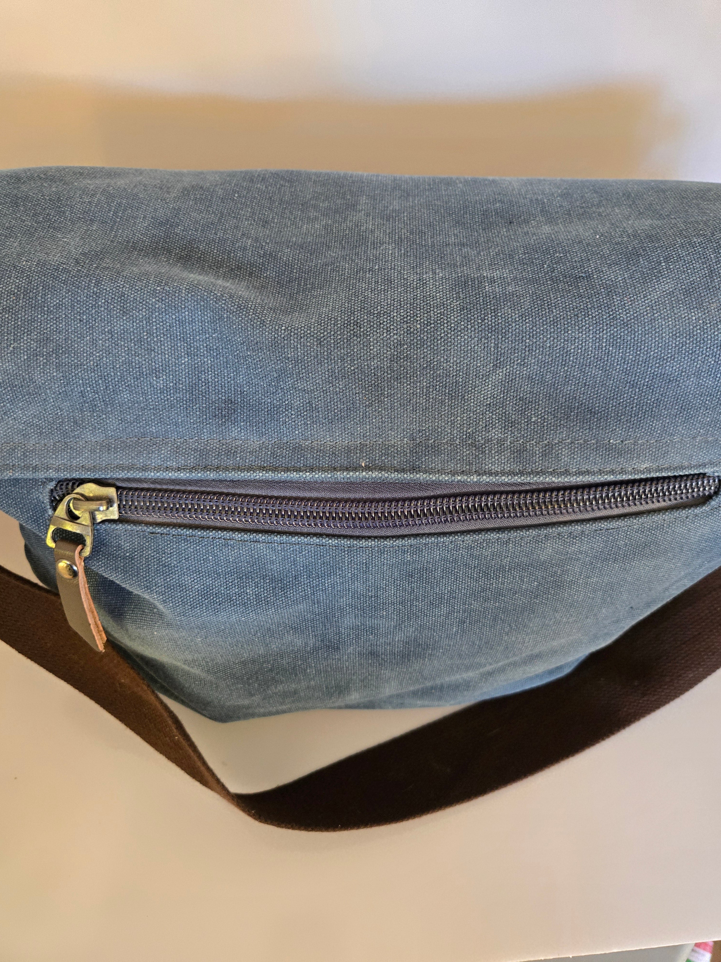 Blue and Brown Canvas, Cotton and leather Shoulder/Crossbody Satchel