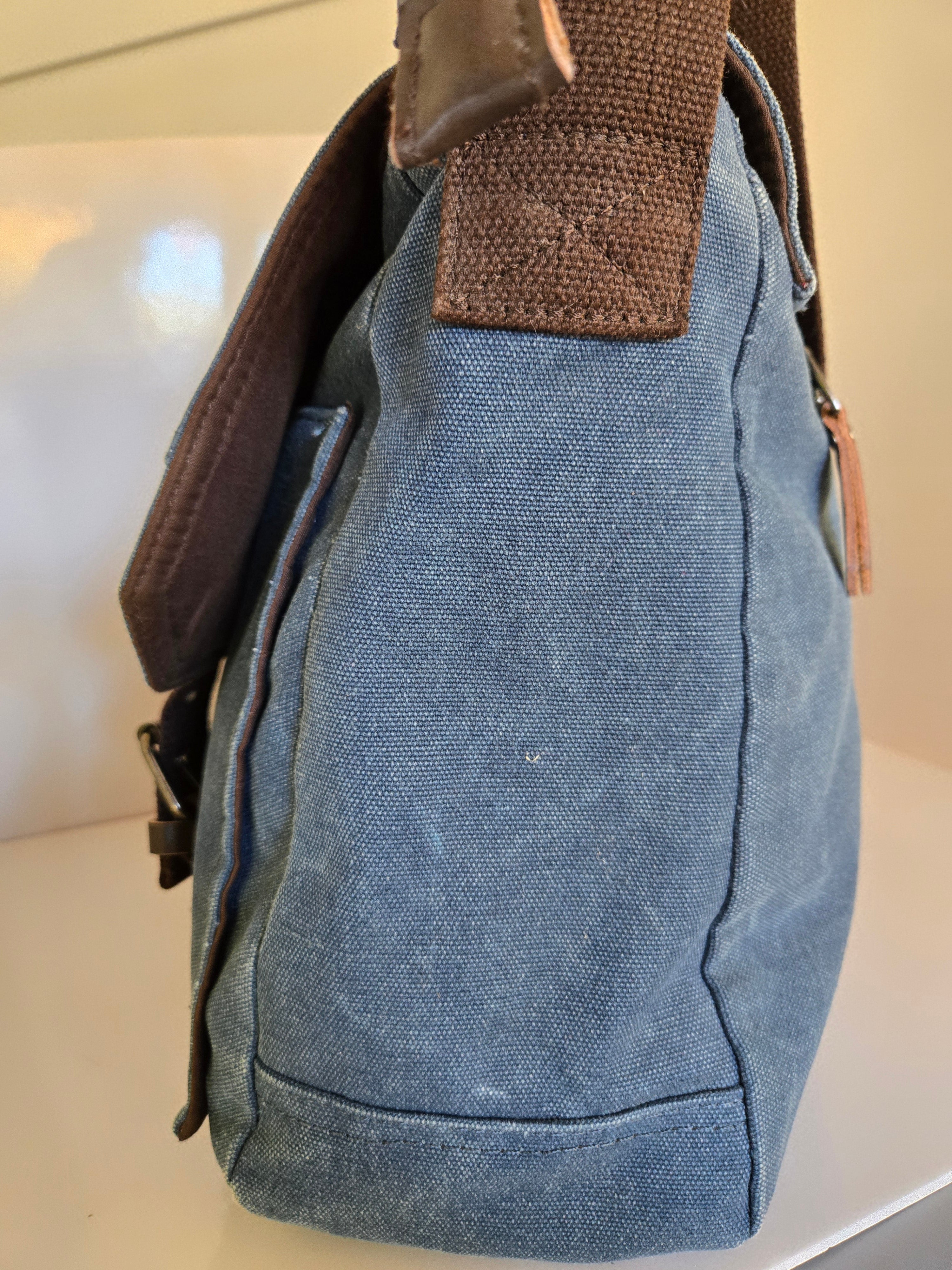 Blue and Brown Canvas, Cotton and leather Shoulder/Crossbody Satchel