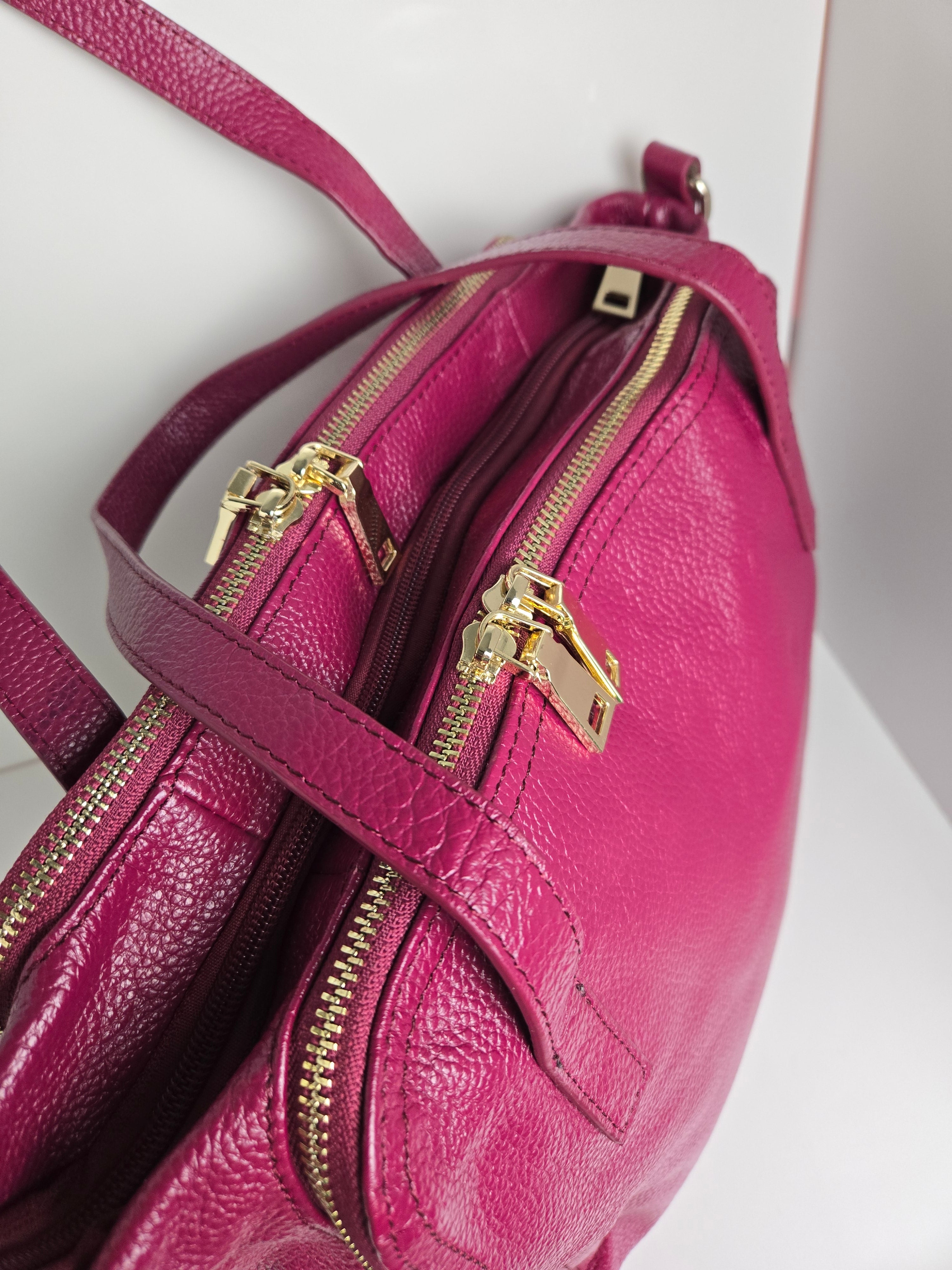 Raspberry Leather Multi compartment Shoulder/Crossbody Bag