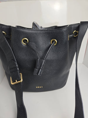 DKNY Black Leather Drawstring Bucket Bag